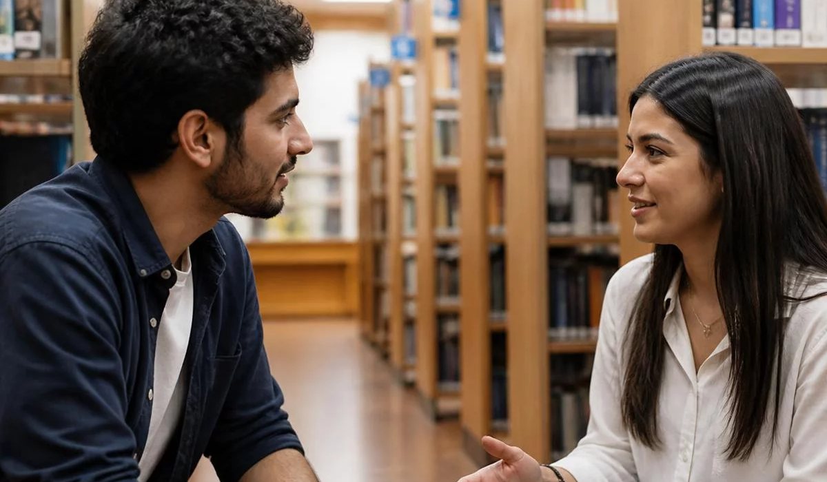 Pessoas conversando de pé junto às estantes antes de o encontro abrir