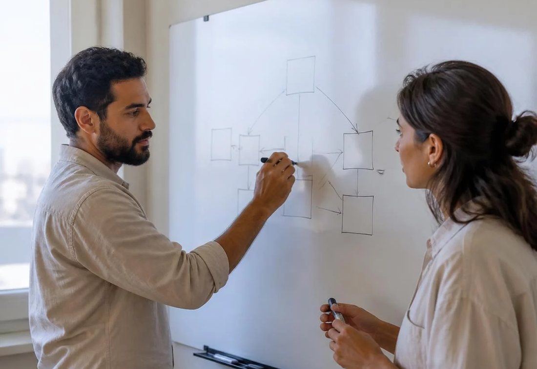 Dupla desenhando no quadro branco a estrutura de uma tese
