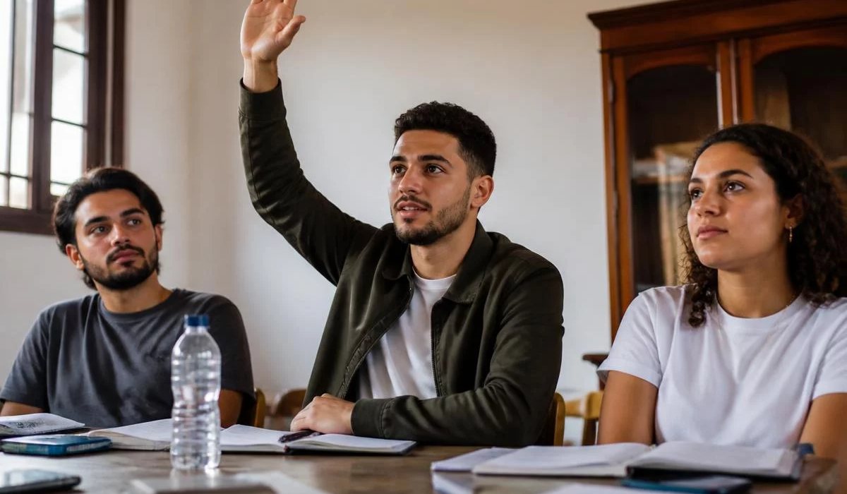 Duas pessoas preparando a próxima rodada com caderno e marca-texto na mão